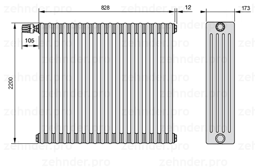 Схема (чертеж) Радиатор Zehnder Charleston 5220/18 №V012 Белый глянцевый RAL 9016